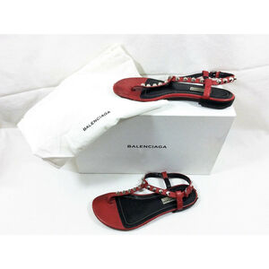 Balenciaga Red Studded T-Strap Agneau Leather Flat Sandals Women's 35.5